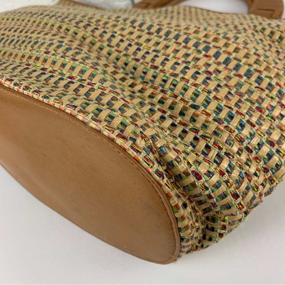 Fossil Vintage Wooden Handle Rainbow Multicolored Woven Rattan Straw Tote - Picture 10 of 15